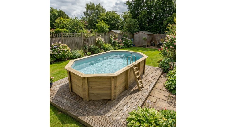 Piscine en bois NEMO 7.3 x 3.97 - H.1.45 m, gris clair, fixations à visser