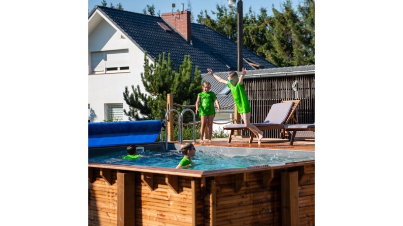 Piscine en bois AQUA 4.65 x 2.85 - H.1.24 m, gris clair, fixations à sceller