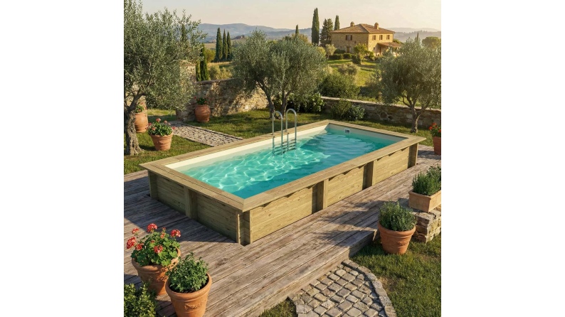 Piscine en bois AQUA 6.1 x 2.85 - H.1.31 m, sable, fixations à sceller
