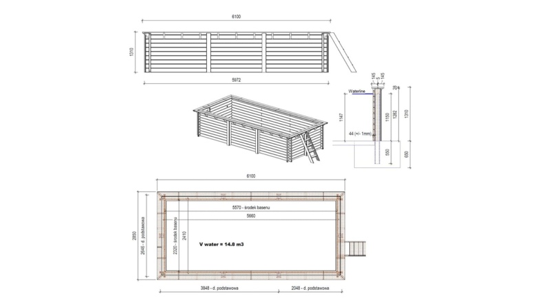 Piscine en bois AQUA 6.1 x 2.85 - H.1.31 m, sable, cadre en métal - sans dalle