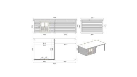 Abri de jardin en bois Freya 8.06x4.09m - 32.96m2 - Ep. 28mm - Traité