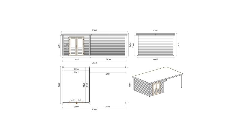 Abri de jardin en bois Aura 7.06x4.09m - 28.87m2 - Ep. 28mm - Traité