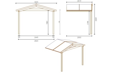Avant-toit en bois 3x2m pour le chalet de jardin 3m, traité, marron