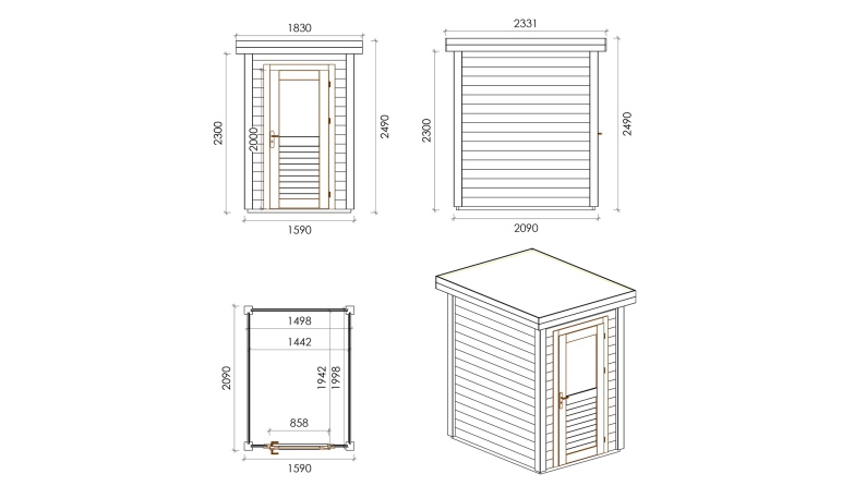 Abri de jardin en bois Mira 1.59x2.09m - 3.32m2 - Ep. 28mm - Traité