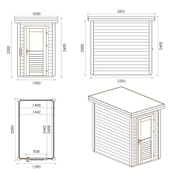 Abri de jardin en bois Mira 1.59x2.59m - 4.11m2 - Ep. 28mm - Traité
