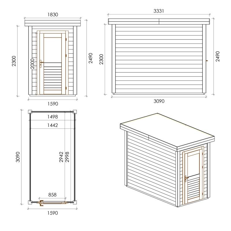 Abri de jardin en bois Mira 1.59x3.09m - 4.91m2 - Ep. 28mm - Traité