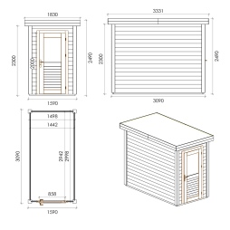 Abri de jardin en bois Mira 1.59x3.09m - 4.91m2 - Ep. 28mm - Traité