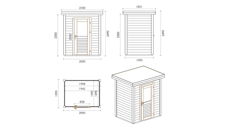 Abri de jardin en bois Vala 2.09x1.59m - 3.32m2 - Ep. 28mm - Traité