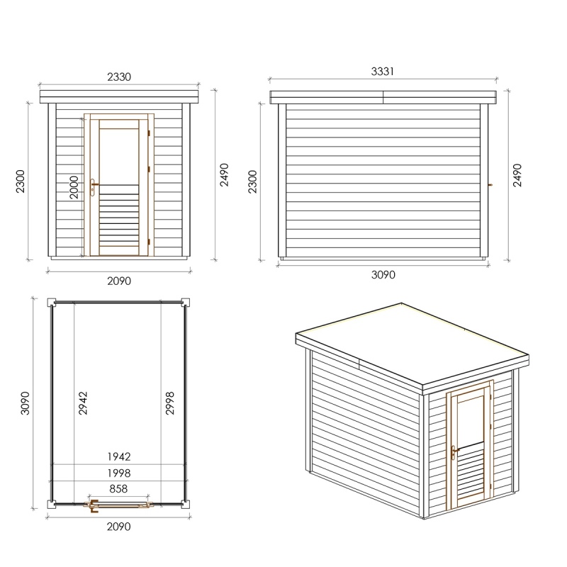 Abri de jardin en bois Vala 2.09x3.09m - 6.46m2 - Ep. 28mm - Traité