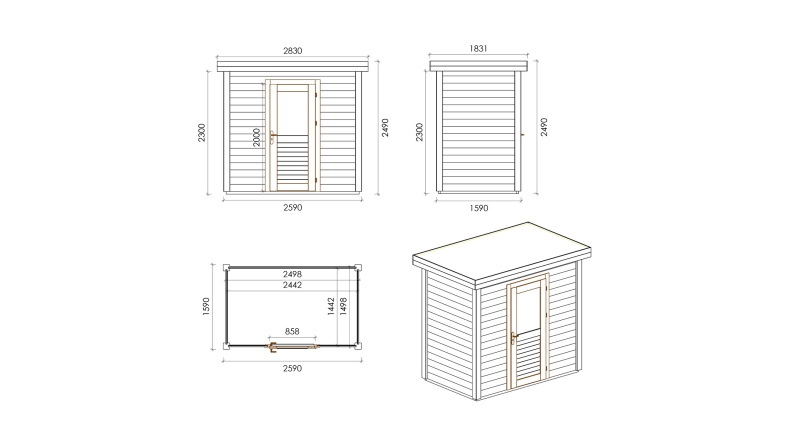 Abri de jardin en bois Rava 2.59x1.59m - 4.12m2 - Ep. 28mm - Traité