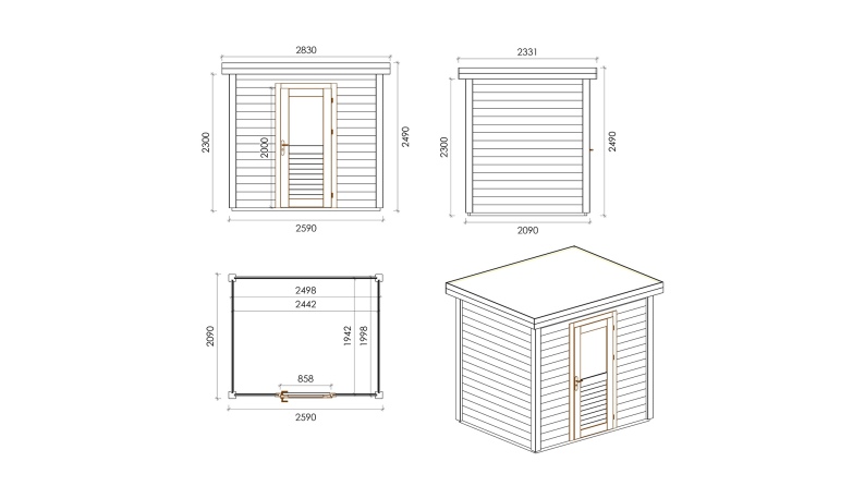 Abri de jardin en bois Rava 2.59x2.09m - 5.41m2 - Ep. 28mm - Traité