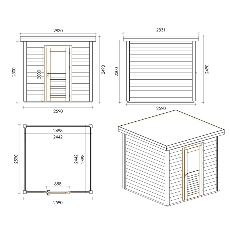 Abri de jardin en bois Rava 2.59x2.59m - 6.71m2 - Ep. 28mm - Traité