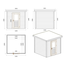 Abri de jardin en bois Rava 2.59x2.59m - 6.71m2 - Ep. 28mm - Traité