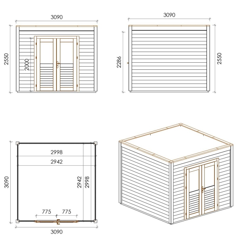 Abri de jardin en bois Sora 3.09x3.09m - 9.55m2 - Ep. 28mm - Traité