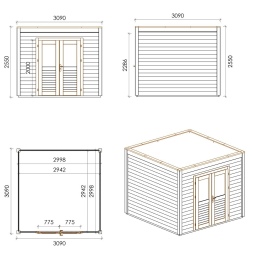 Abri de jardin en bois Sora 3.09x3.09m - 9.55m2 - Ep. 28mm - Traité