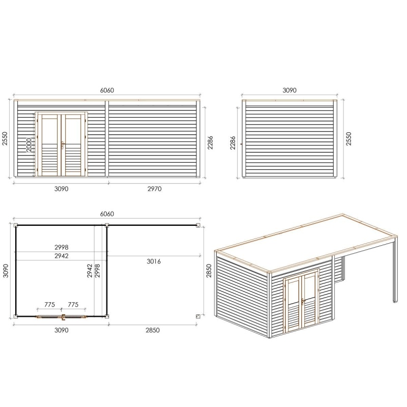 Abri de jardin en bois Sora 6.06x3.09m - 18.73m2 - Ep. 28mm - Traité