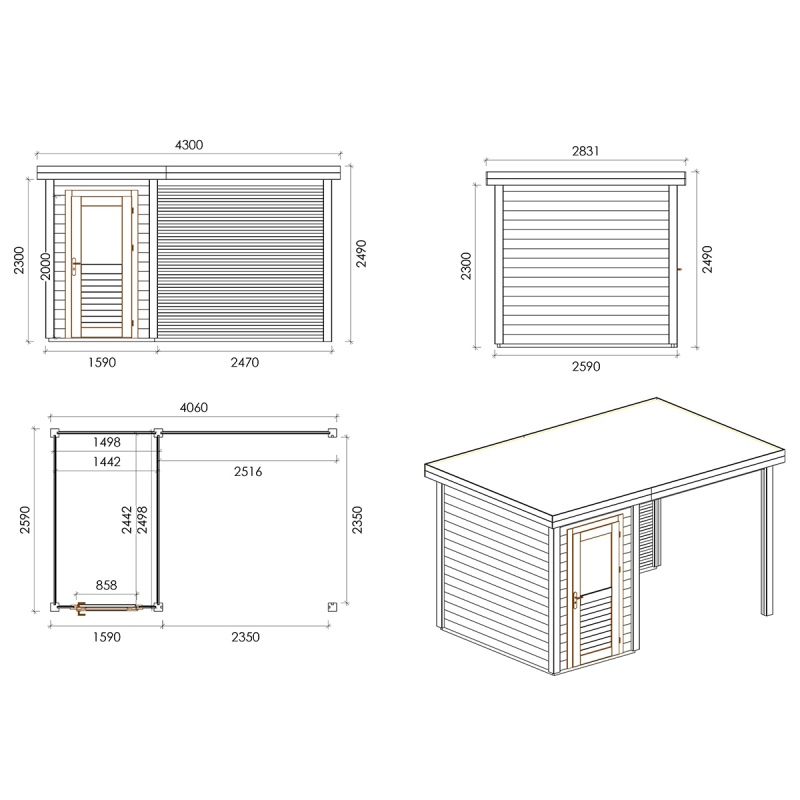 Abri de jardin en bois Mira 4.06x2.59m - 10.51m2 - Ep. 28mm - Traité