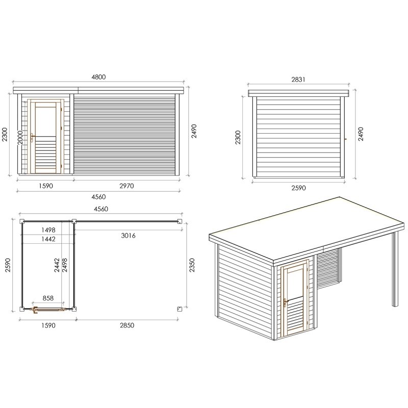 Abri de jardin en bois Mira 4.56x2.59m - 11.81m2 - Ep. 28mm - Traité