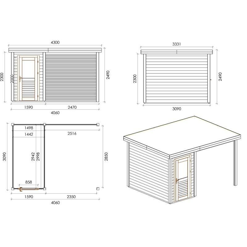 Abri de jardin en bois Mira 4.06x3.09m - 12.54m2 - Ep. 28mm - Traité