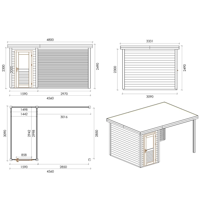 Abri de jardin en bois Mira 4.56x3.09m - 14.09m2 - Ep. 28mm - Traité