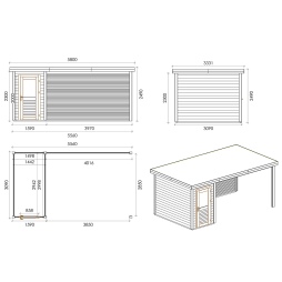 Abri de jardin en bois Mira 5.56x3.09m - 17.18m2 - Ep. 28mm - Traité