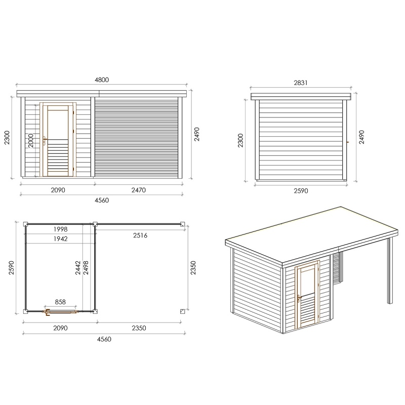 Abri de jardin en bois Vala 4.56x2.59m - 11.81m2 - Ep. 28mm - Traité