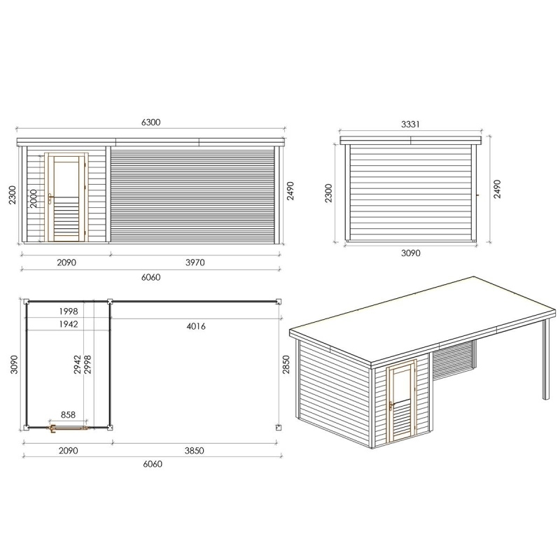 Abri de jardin en bois Vala 6.06x3.09m - 18.72m2 - Ep. 28mm - Traité