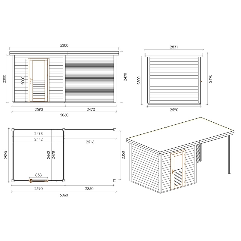Abri de jardin en bois Rava 5.06x2.59m - 13.1m2 - Ep. 28mm - Traité