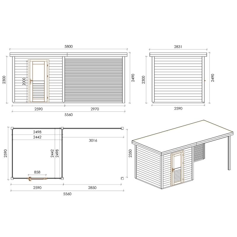 Abri de jardin en bois Rava 5.56x2.59m - 14.4m2 - Ep. 28mm - Traité
