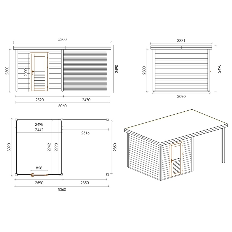 Abri de jardin en bois Rava 5.06x3.09m - 15.63m2 - Ep. 28mm - Traité