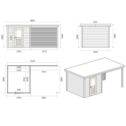 Abri de jardin en bois Rava 5.56x3.09m - 17.18m2 - Ep. 28mm - Traité
