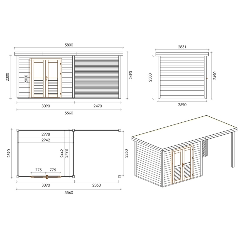 Abri de jardin en bois Aura 5.56x2.59m - 14.4m2 - Ep. 28mm - Traité
