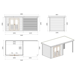 Abri de jardin en bois Aura 5.56x2.59m - 14.4m2 - Ep. 28mm - Traité