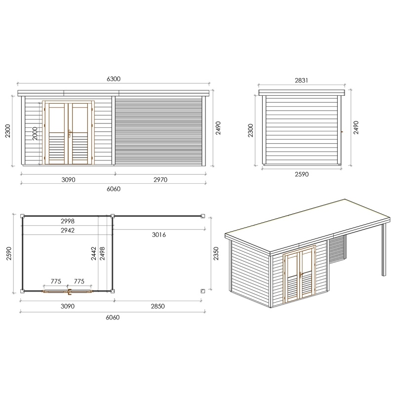 Abri de jardin en bois Aura 6.06x2.59m - 15.69m2 - Ep. 28mm - Traité