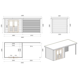 Abri de jardin en bois Aura 6.06x2.59m - 15.69m2 - Ep. 28mm - Traité