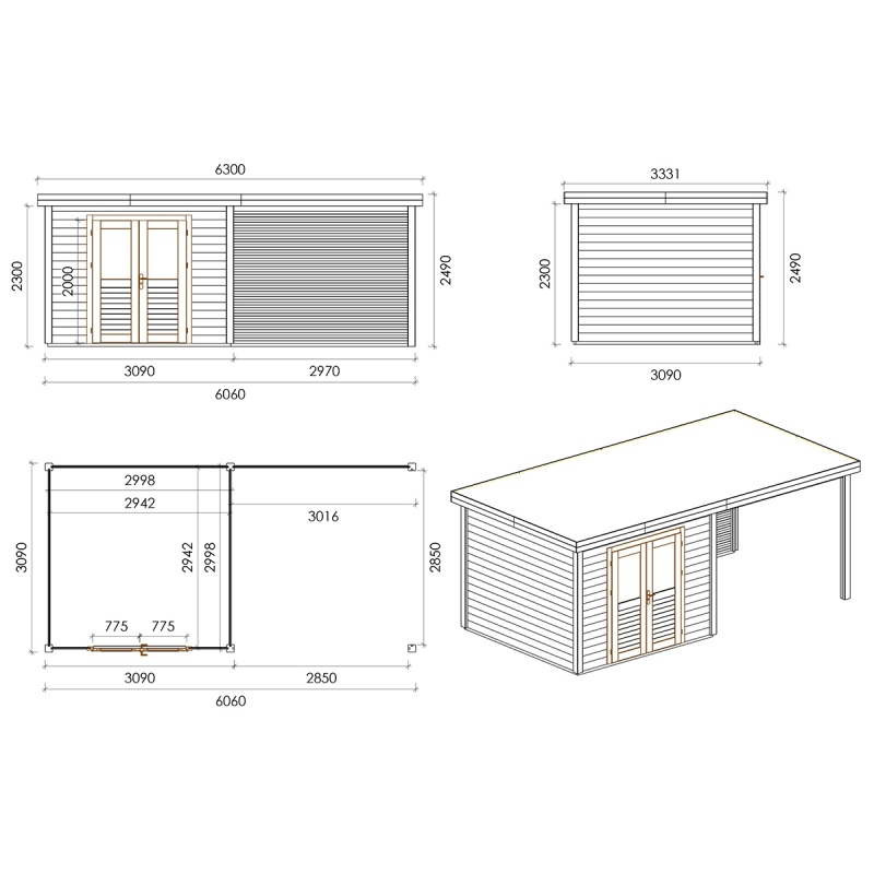 Abri de jardin en bois Aura 6.06x3.09m - 18.72m2 - Ep. 28mm - Traité