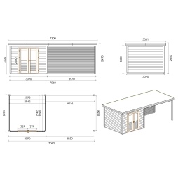 Abri de jardin en bois Aura 7.06x3.09m - 21.81m2 - Ep. 28mm - Traité