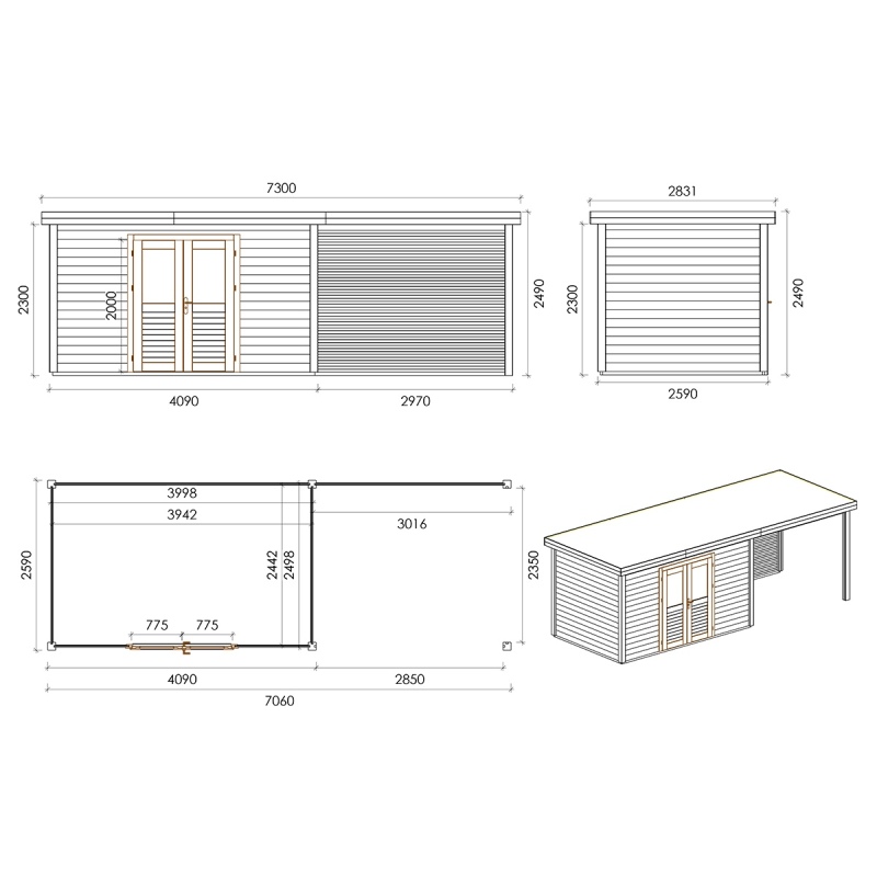 Abri de jardin en bois Freya 6.56x2.59m - 16.99m2 - Ep. 28mm - Traité