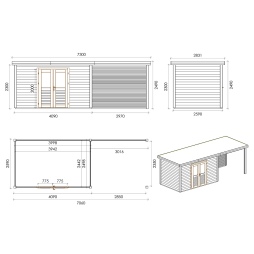 Abri de jardin en bois Freya 6.56x2.59m - 16.99m2 - Ep. 28mm - Traité