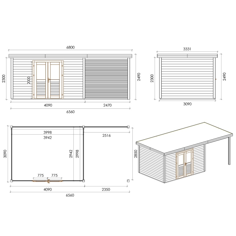 Abri de jardin en bois Freya 7.06x2.59m - 18.28m2 - Ep. 28mm - Traité