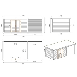 Abri de jardin en bois Freya 7.06x2.59m - 18.28m2 - Ep. 28mm - Traité
