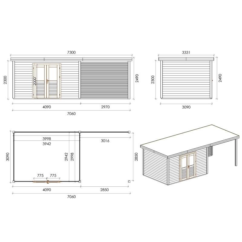 Abri de jardin en bois Freya 6.56x3.09m - 20.27m2 - Ep. 28mm - Traité
