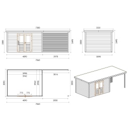 Abri de jardin en bois Freya 6.56x3.09m - 20.27m2 - Ep. 28mm - Traité