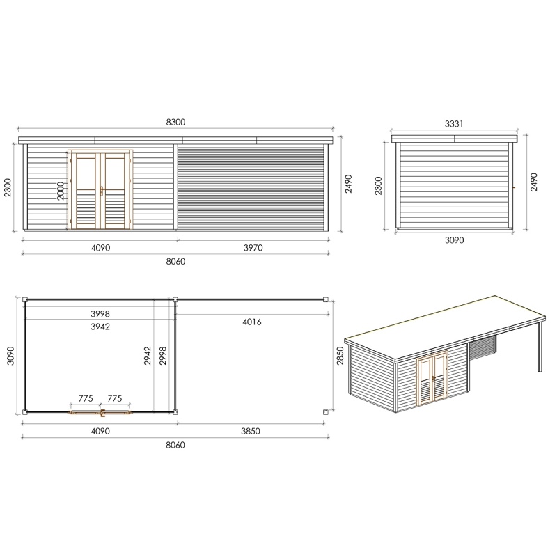 Abri de jardin en bois Freya 7.06x3.09m - 21.81m2 - Ep. 28mm - Traité