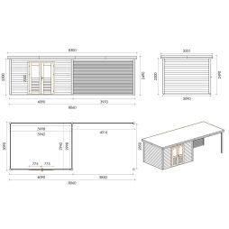 Abri de jardin en bois Freya 7.06x3.09m - 21.81m2 - Ep. 28mm - Traité