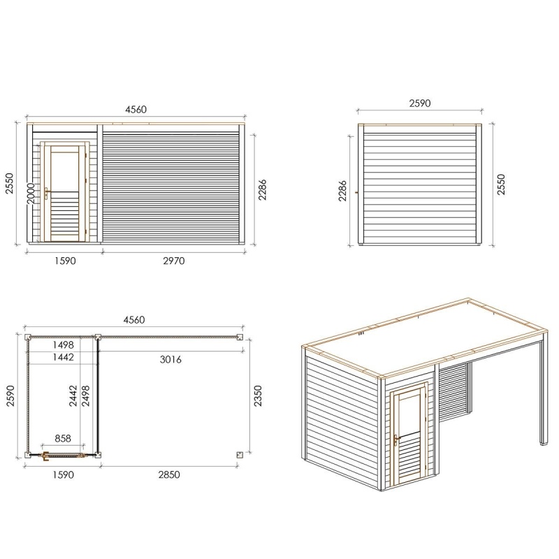 Abri de jardin en bois Veya 4.56x2.59m - 11.81m2 - Ep. 28mm - Traité