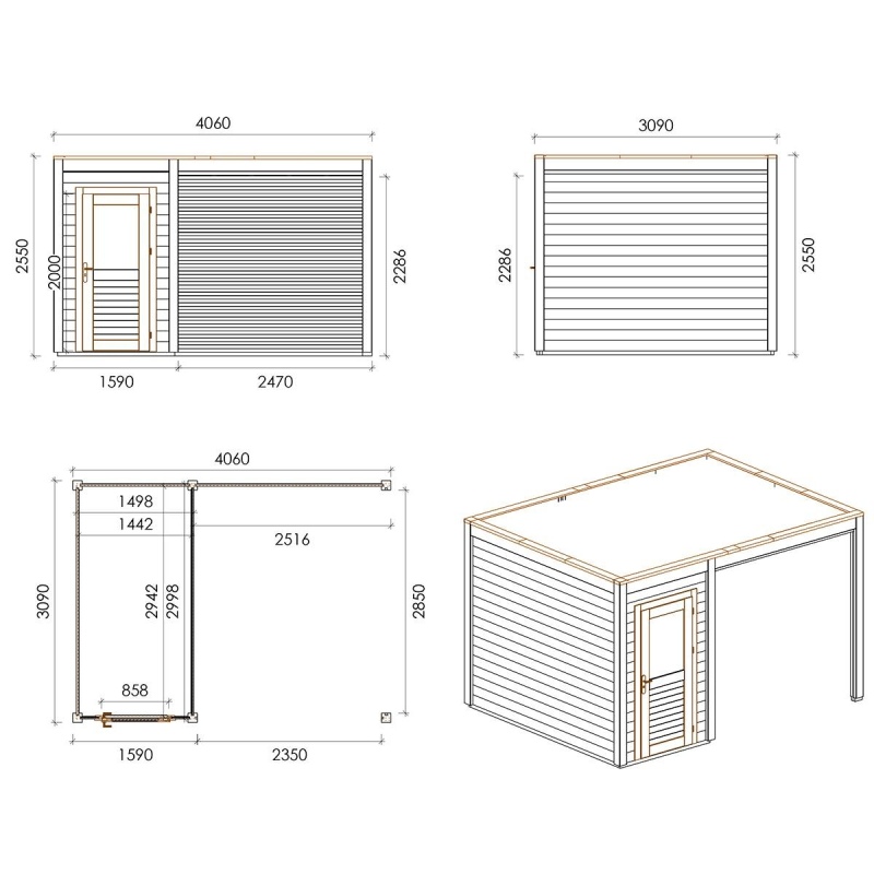 Abri de jardin en bois Veya 4.06x3.09m - 12.55m2 - Ep. 28mm - Traité