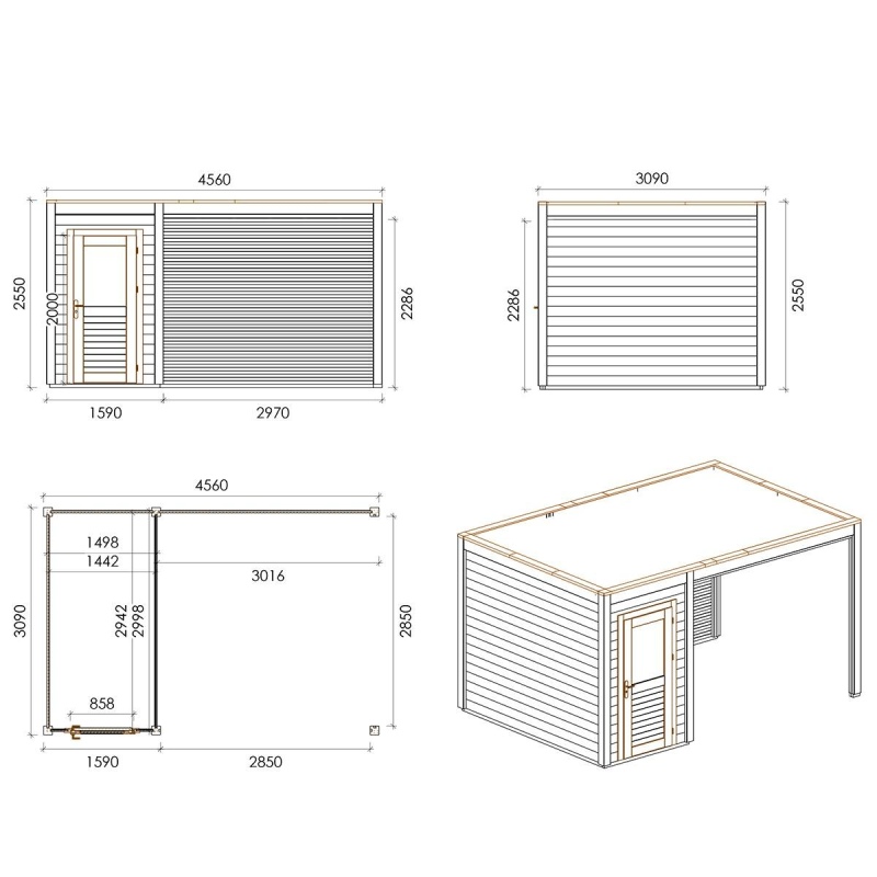 Abri de jardin en bois Veya 4.56x3.09m - 14.09m2 - Ep. 28mm - Traité