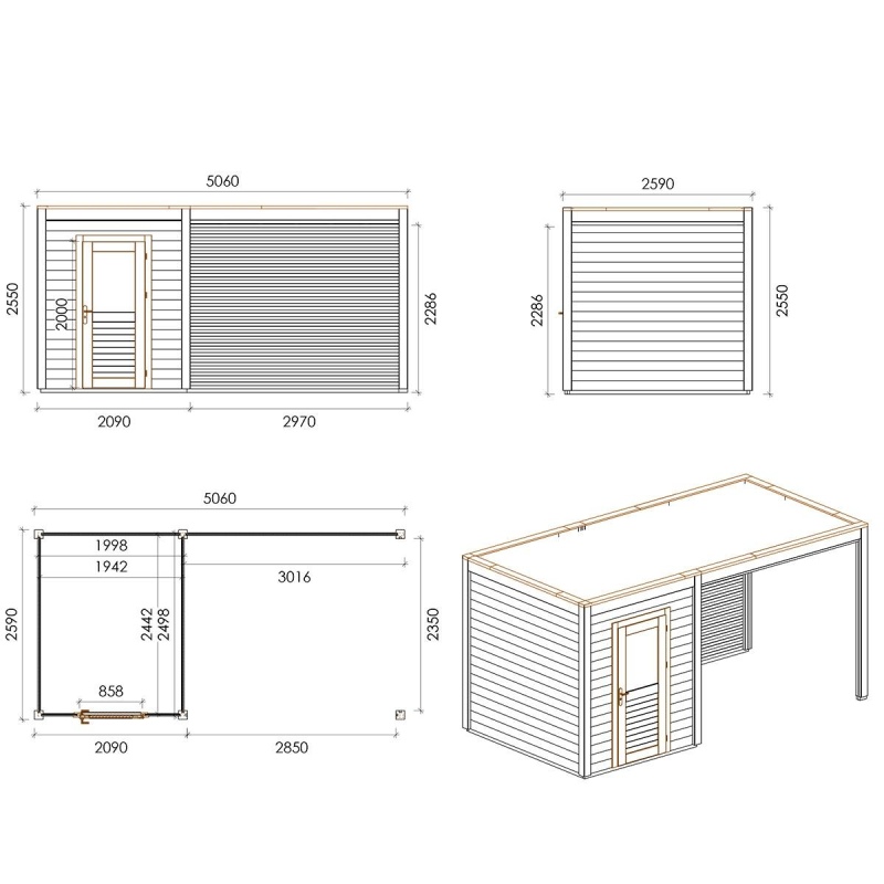 Abri de jardin en bois Luma 5.06x2.59m - 13.11m2 - Ep. 28mm - Traité