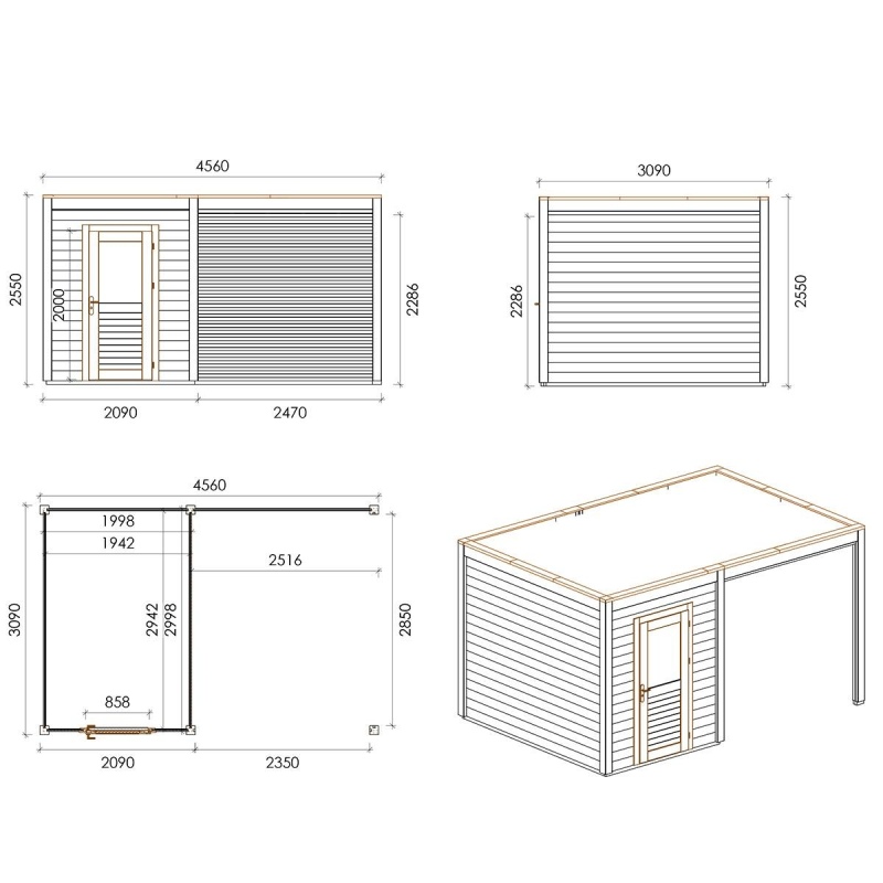 Abri de jardin en bois Luma 4.56x3.09m - 14.09m2 - Ep. 28mm - Traité